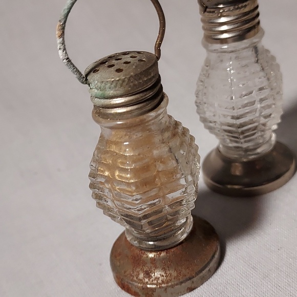 Vintage Pressed Glass Lantern Style Salt & Pepper Shakers Set of Three Metal Lid - Picture 3 of 7